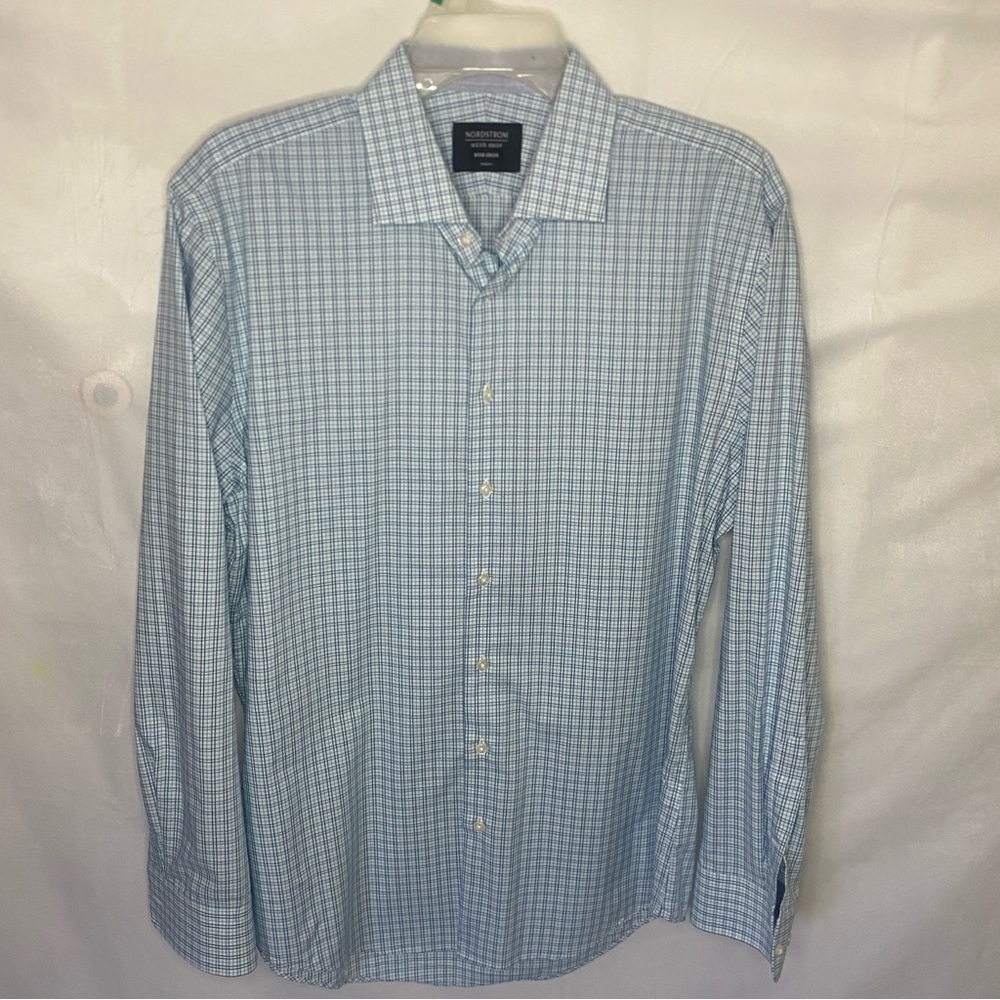 Nordstrom Shirt Mens 16 34/35 Blue Check Trim Fit Smartcare Dress Long Sleeve
